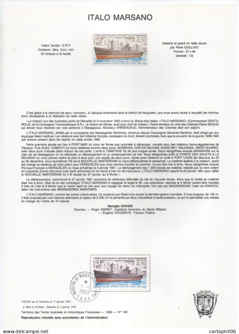 - Document Philatélique Le Navire ITALO MARSANO - MARTIN-DE-VIVIES-ST PAUL (T.A.A.F.) 1.1.1993 - - Polareshiffe & Eisbrecher