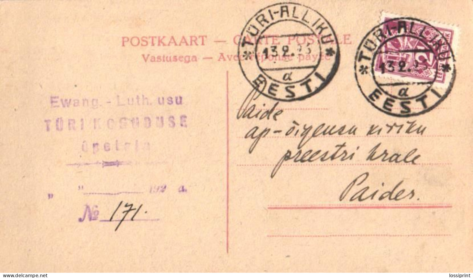 Estonia:2½ Weaver Stamp Under Türi-Alliku Cancellation 1923 - Estonia