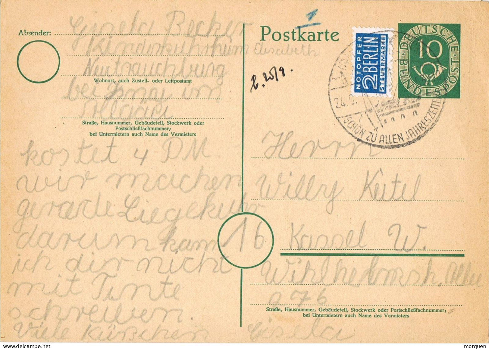 54711. Entero Postal NEUTRAUCHBURG (Alemania Federal)  1953. NOTPFER Berlin, Sello Ayuda - Postcards - Used