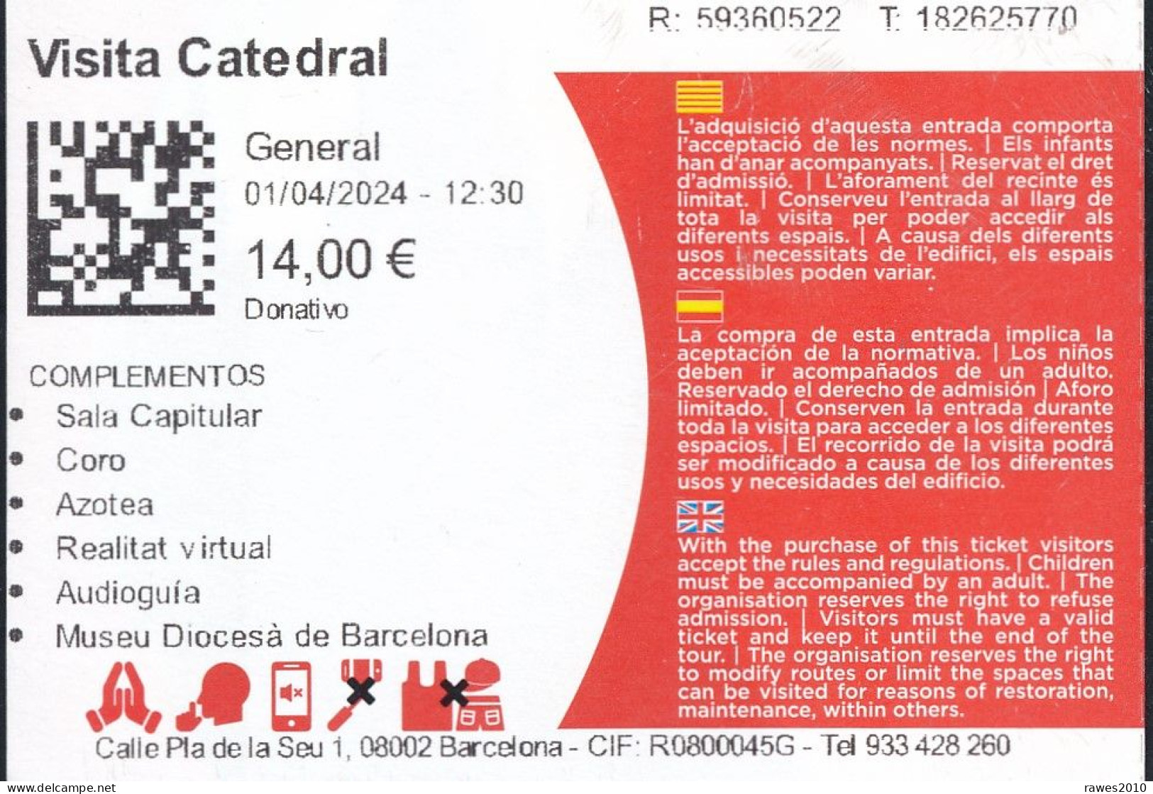 Spanien Barcelona Eintrittskarte 2024 Kathedrale Von Barcelona - Tickets D'entrée