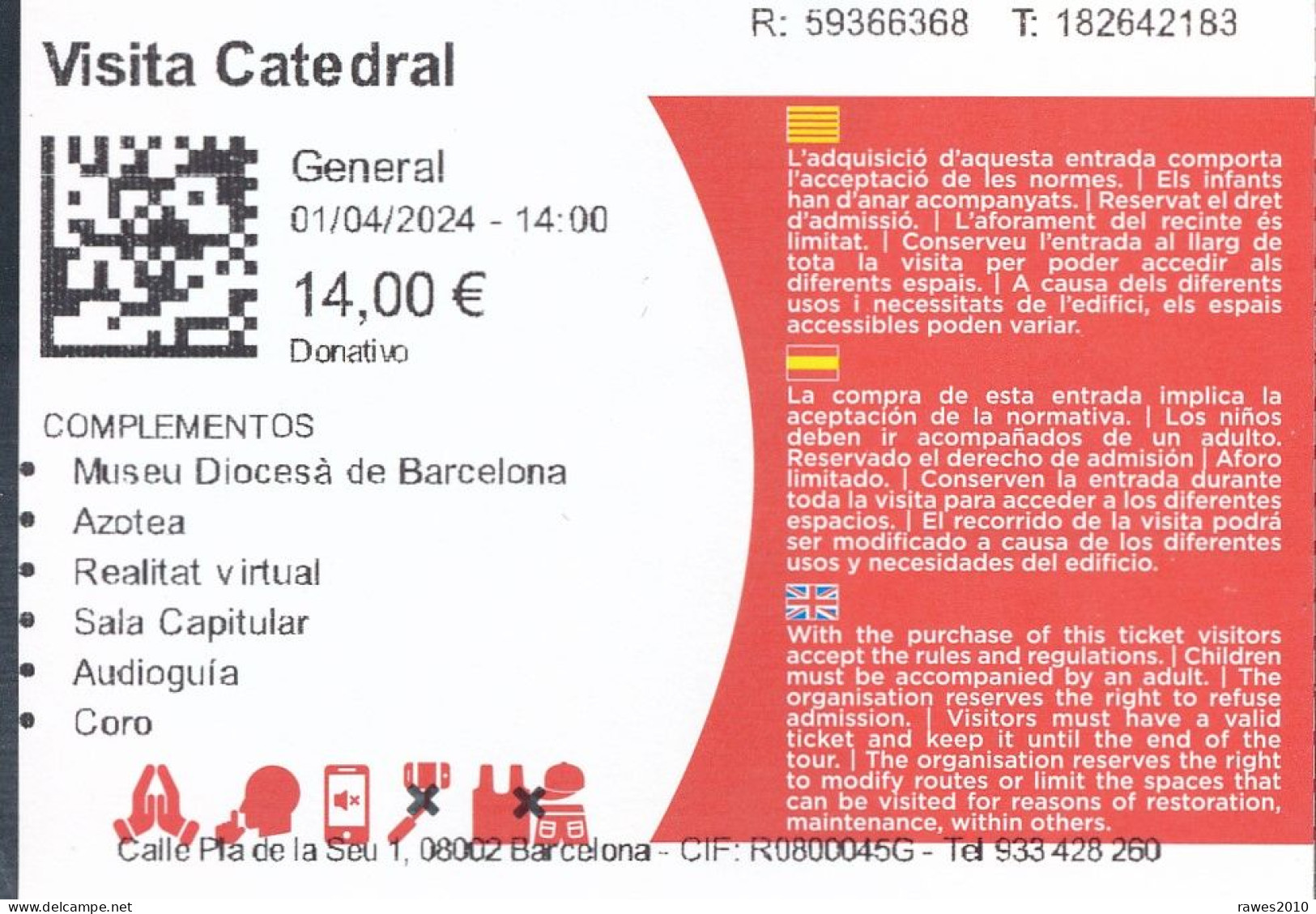 Spanien Barcelona Eintrittskarte 2024 Kathedrale Von Barcelona - Tickets D'entrée