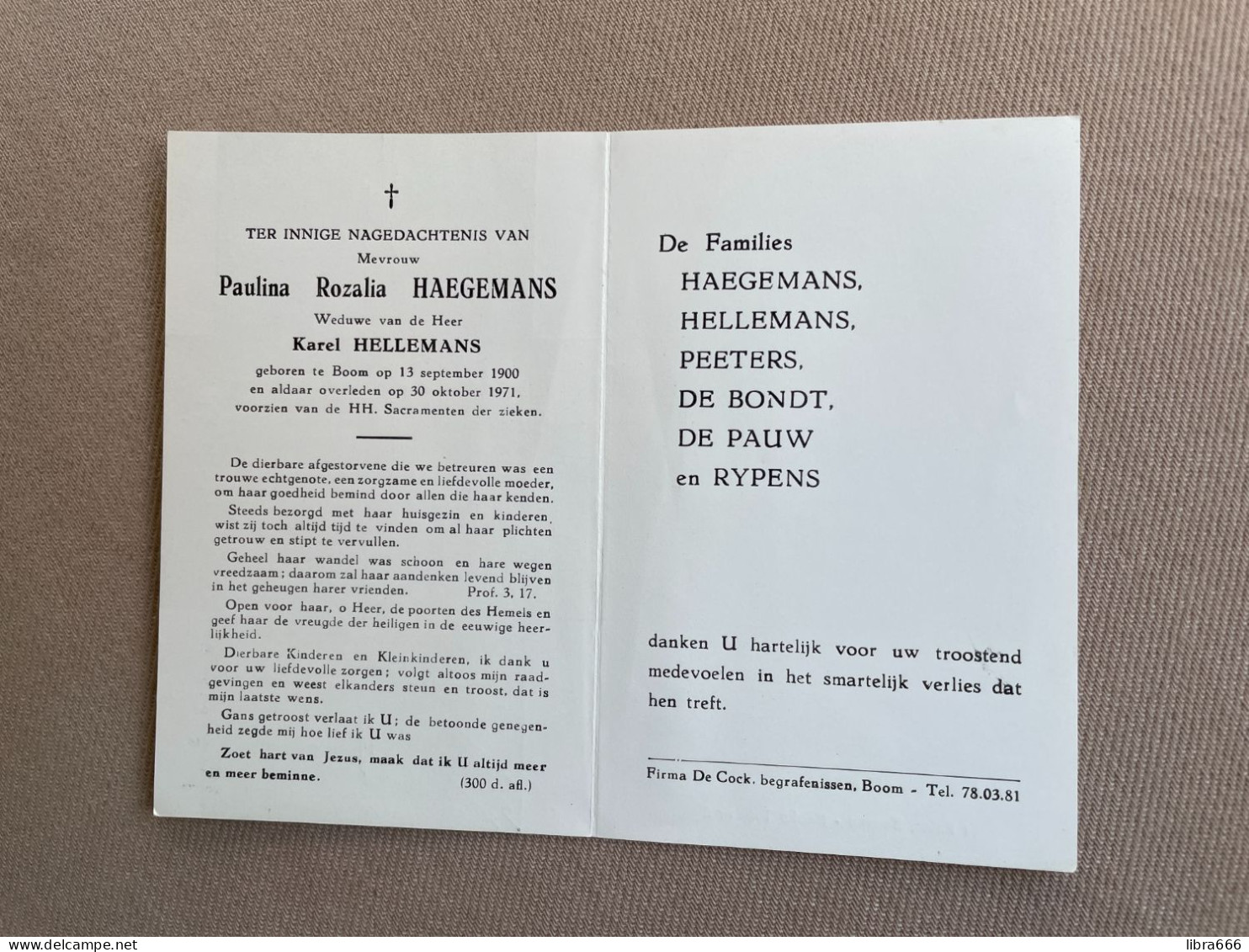 HAEGEMANS Paulina Rozalia °BOOM 1900 +BOOM 1971 - HELLEMANS - PEETERS - DE BONDT - DE PAUW - RYPENS - Décès