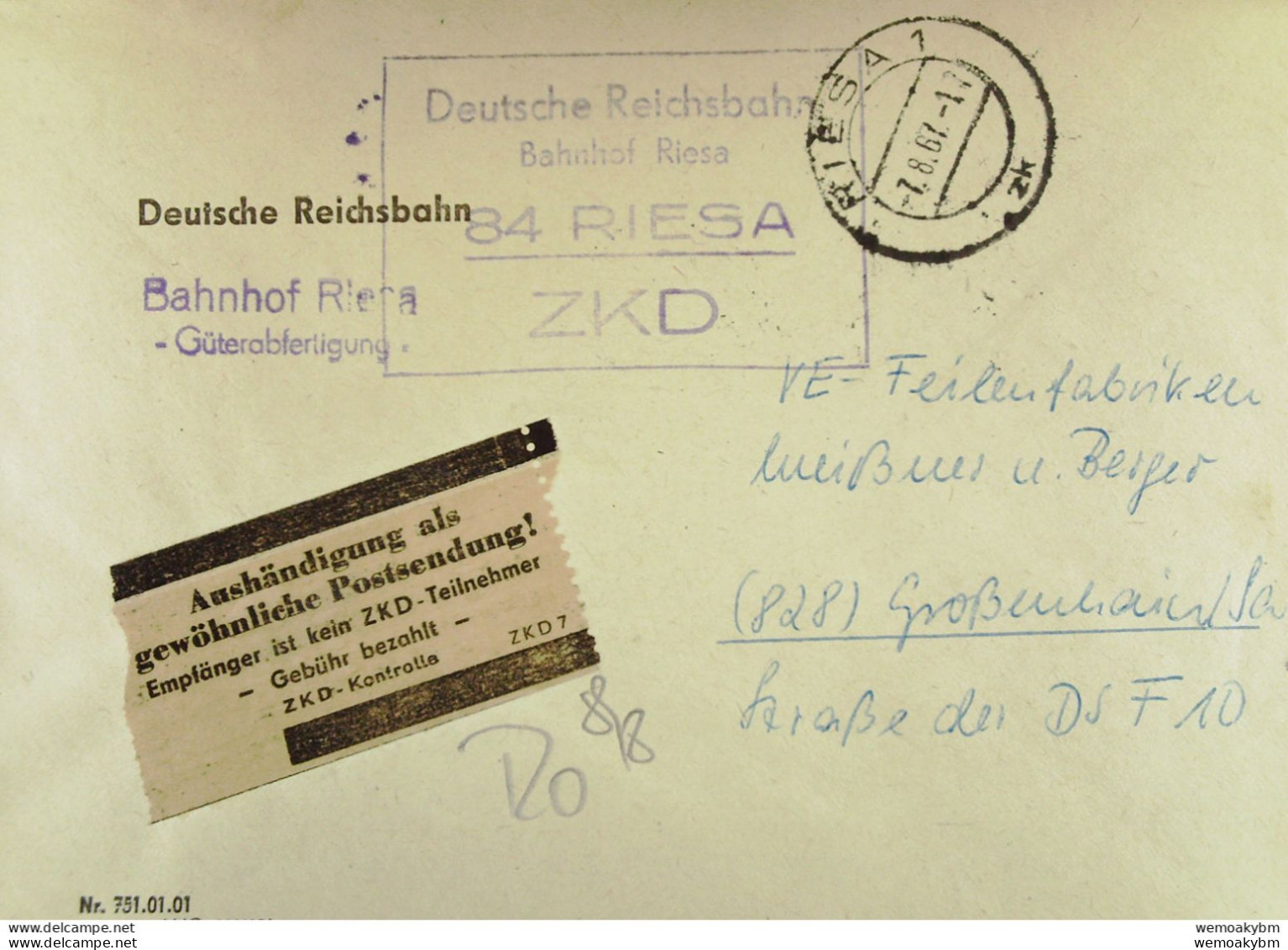 DDR: ZKD-Brief Mit AFS =030= Und Braunen Aufkleber "Aushändigung Als Gewöhnliche Postsendung" Aus Riesa Vom 7.8.67 - Storia Postale