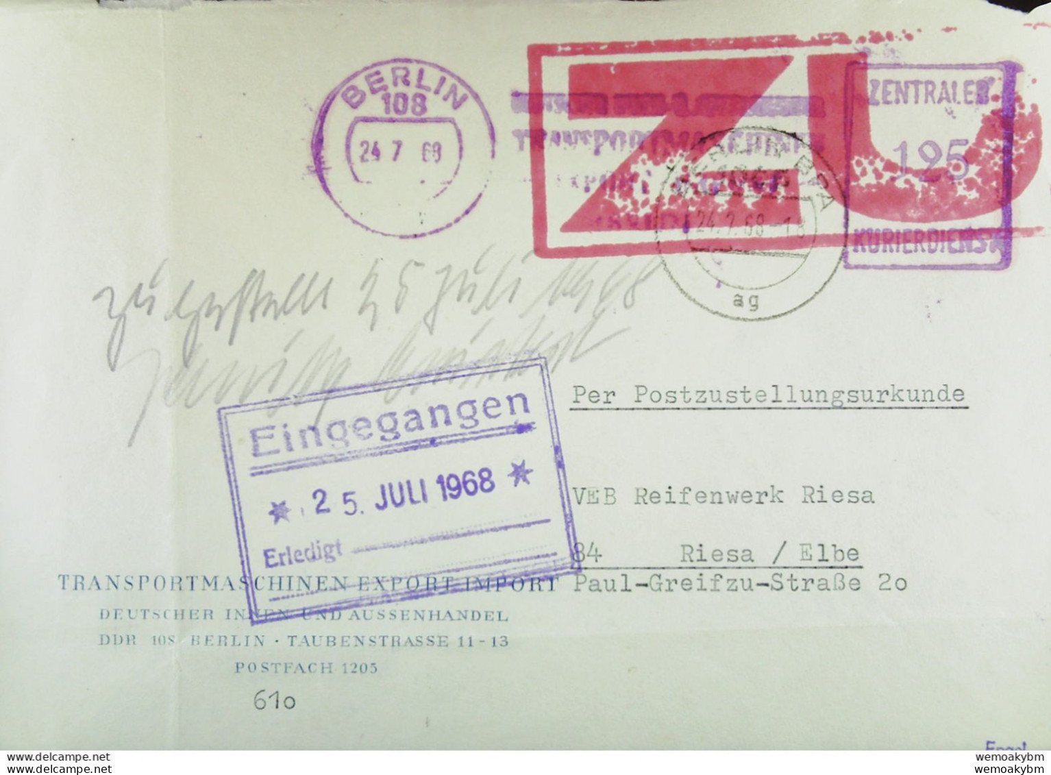 DDR Dienst/ZKD Fern-Brief Mit AFS =125= U. Rotem ZU-Stempel Vom Transportmaschinen Innen/Außenhandel Berlin Vom 24.7.68 - Covers & Documents