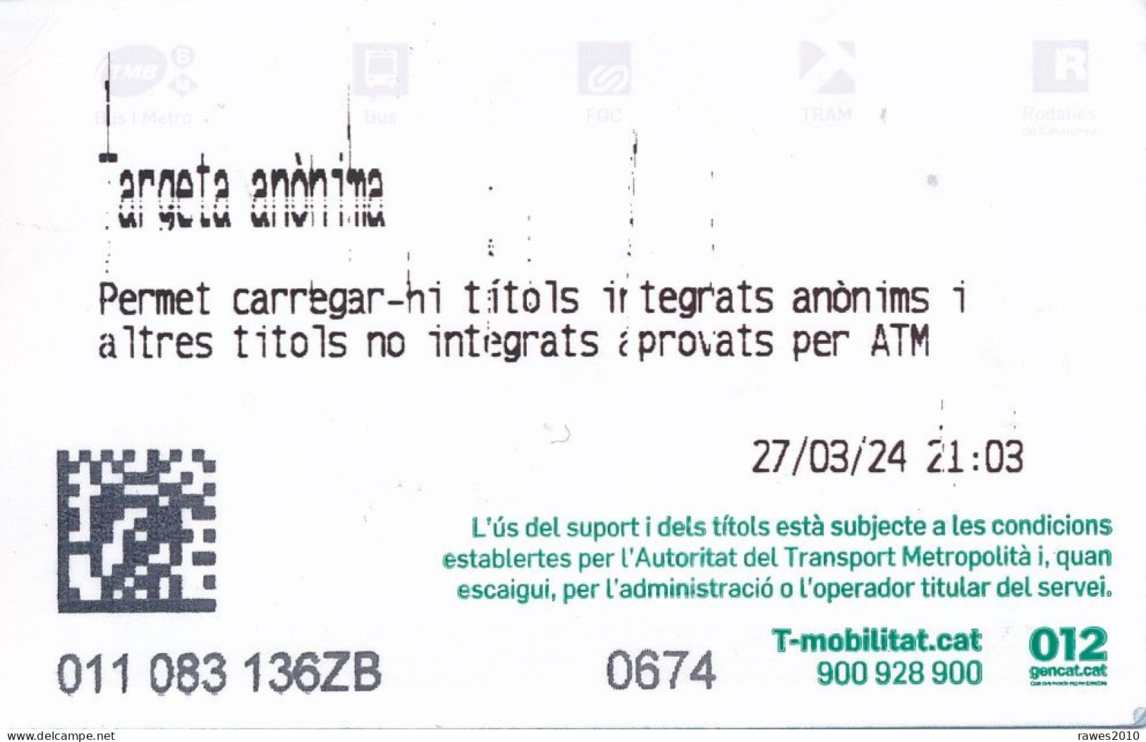 Spanien Barcelona Fahrkarte T-Mobilitat (10 Fahrten) Bus + Strassenbahn 2024 - Elektronisches Ticket Ab 01.01. 2024 - Europe