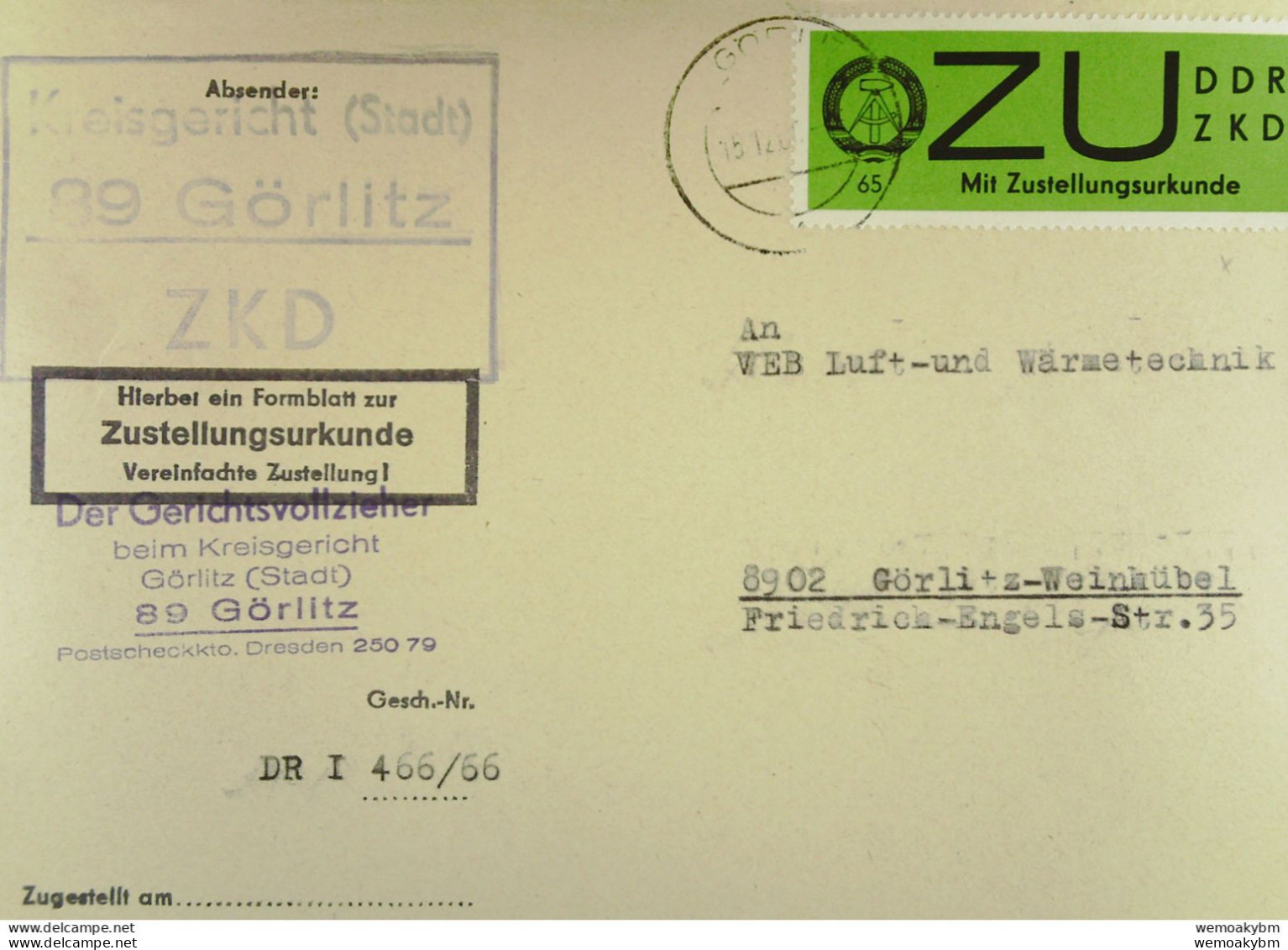 DDR Dienst/ZKD Orts-Brief Mit ZU-Streifen 65 Pf Grün Und Kastenst. KREISGERICHT (STADT) 89 GÖRLITZ Vom 15.12.66 Knr: E2x - Covers & Documents