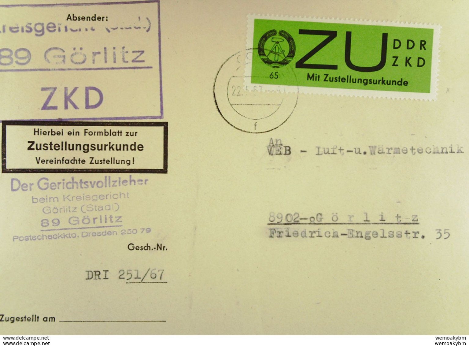 DDR Dienst/ZKD Orts-Brief Mit ZU-Streifen 65 Pf Grün Und Kastenst. KREISGERICHT (STADT) 89 GÖRLITZ Vom 22.5.67 Knr: E2x - Covers & Documents
