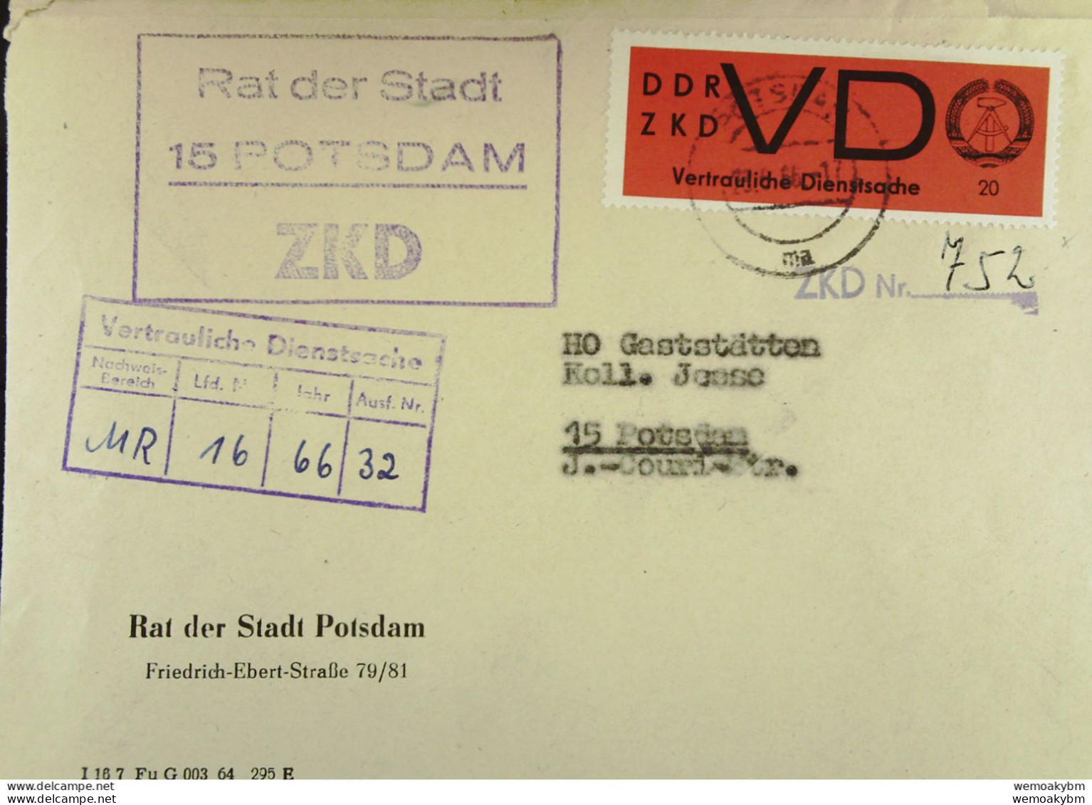 DDR: ZKD-Orts-Brief Mit Roter VD-Mke Und Kasten-Stpl. RAT DER STADT 15 POTSDAM An HOG Potsdam 23.4.66 Knr: D 3y - Briefe U. Dokumente