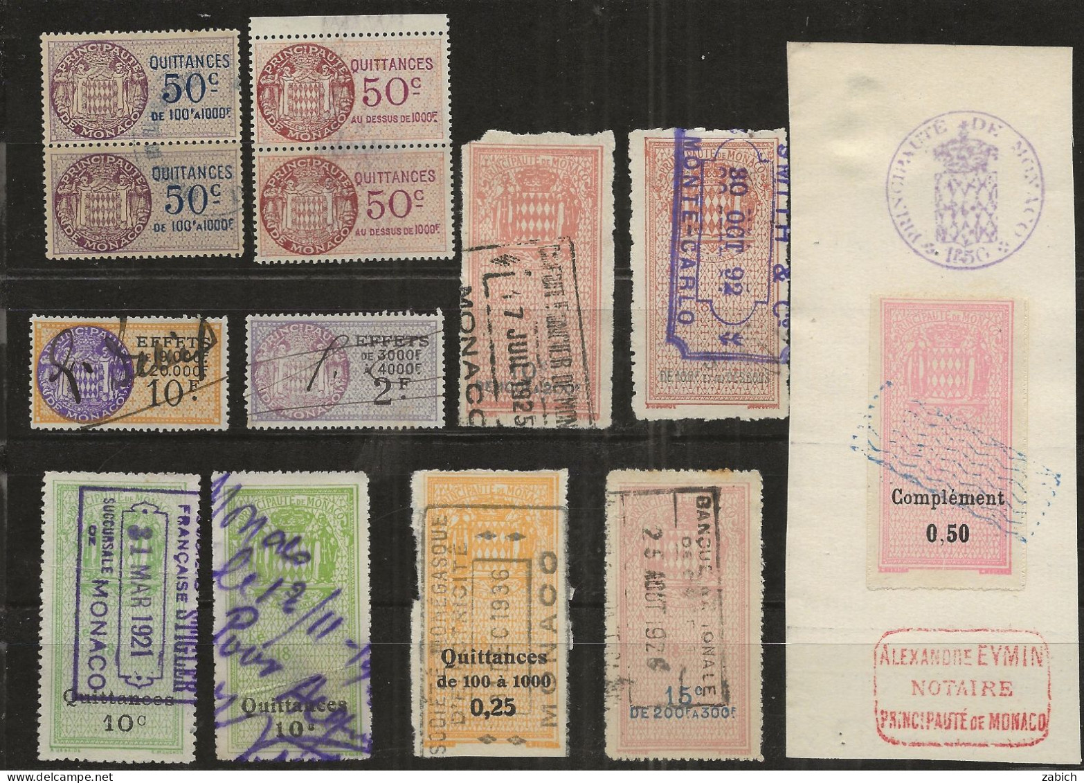 FISCAUX MONACO LOT DE 13  TIMBRES  EFFETS QUITTANCES DIMENSIONS TRES VARIES BONNE COTE - Fiscali