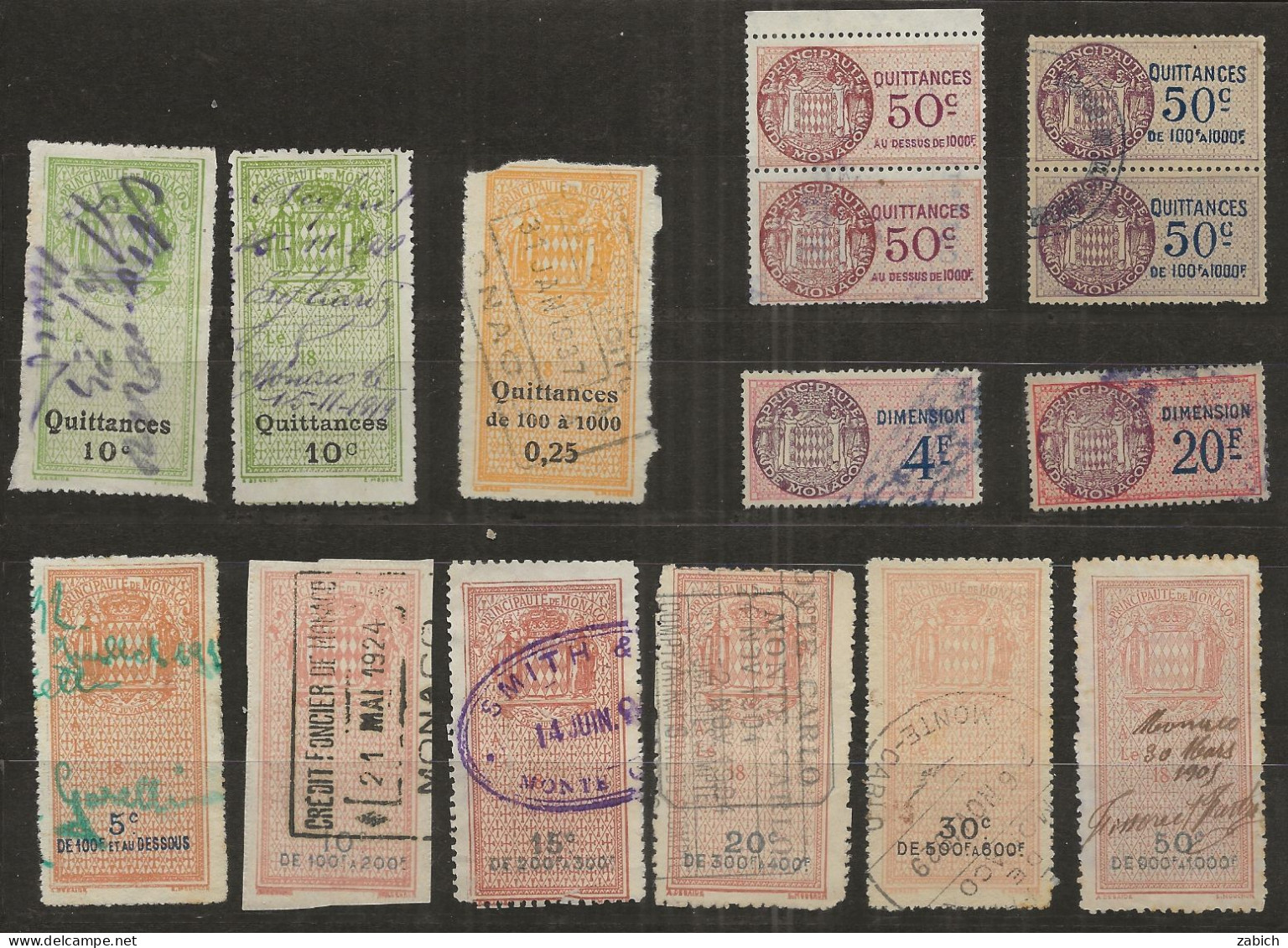 FISCAUX MONACO LOT DE 15  TIMBRES  EFFETS QUITTANCES DIMENSIONS TRES VARIES BONNE COTE - Fiscali