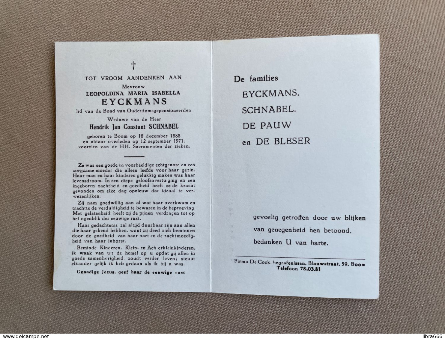 EYCKMANS Leopoldina Maria Isabella °BOOM 1888 +BOOM 1971 - SCHNABEL - DE PAUW - DE BLESER - Décès