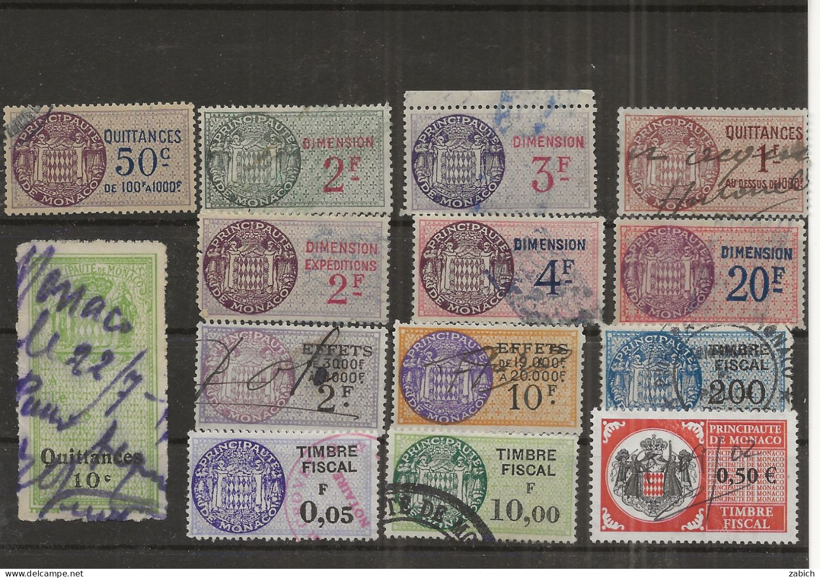 FISCAUX MONACO LOT DE 14  TIMBRES  EFFETS QUITTANCES DIMENSIONS TRES VARIES BONNE COTE - Fiscali