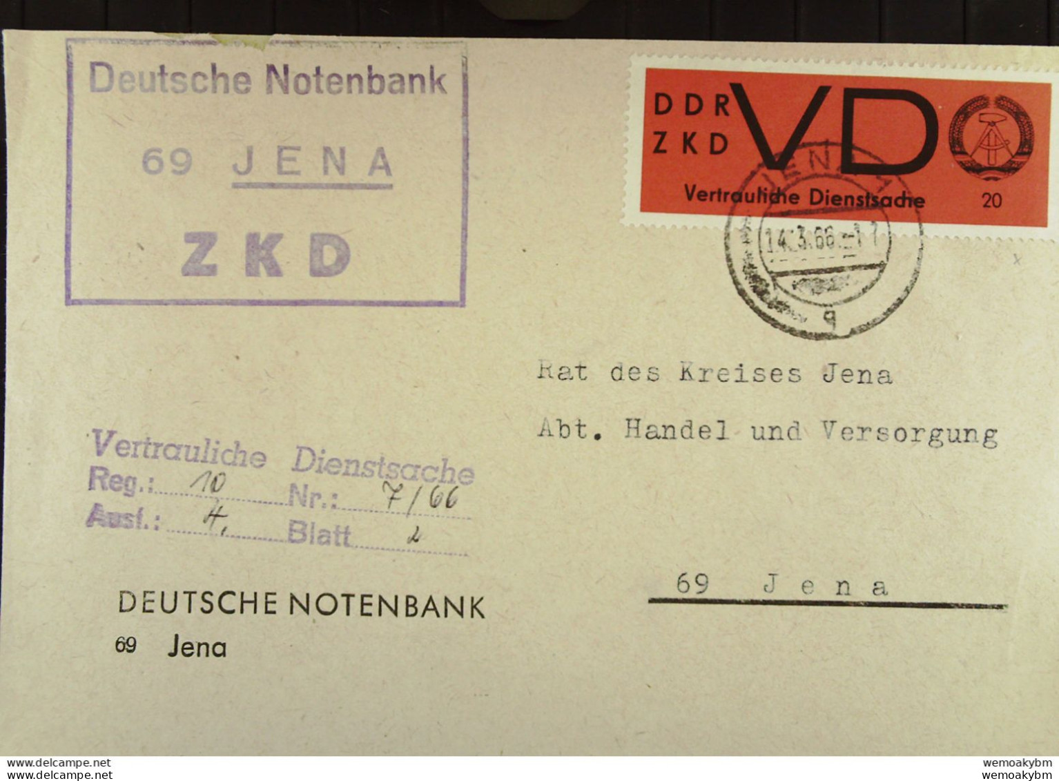 DDR: ZKD-Orts-Brief Mit Roter VD-Mke U.Ka-St. Deutsche Notenbank 69 JENA Nach Rat Des Kreises Jena Vom 14.3.66 Knr: D 3y - Covers & Documents