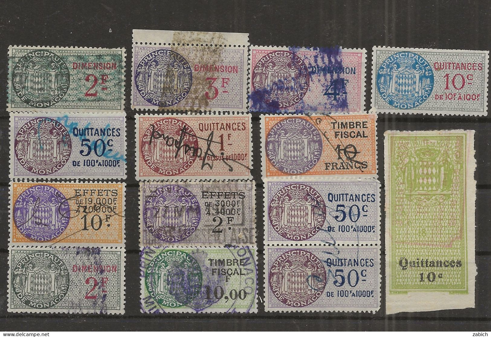 FISCAUX MONACO LOT DE 14  TIMBRES  EFFETS QUITTANCES DIMENSIONS SU TRES VARIES BONNE COTE - Fiscali