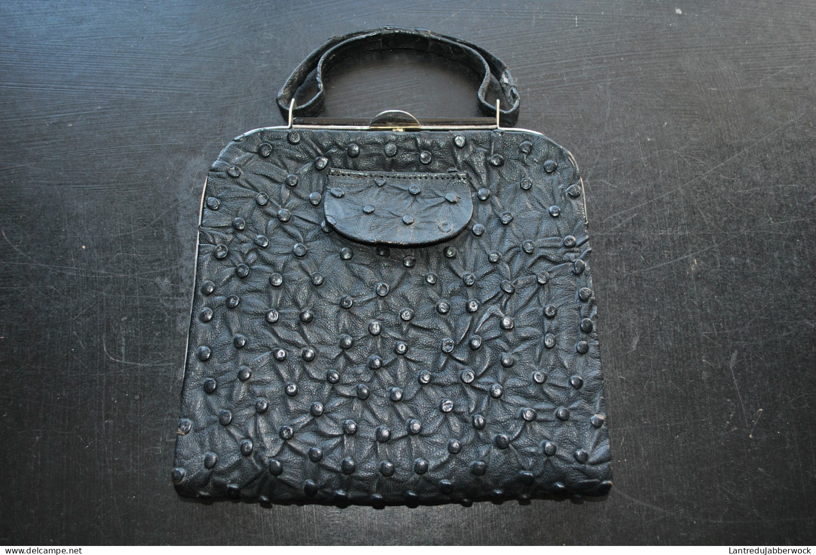 Rare Sac à Main (19 X 23,5 Cm) En Cuir (d'Autruche??) Et Métal Chromé Années 1930 1940 Sans Marque - Minaudière Art Déco - Borse E Borsette