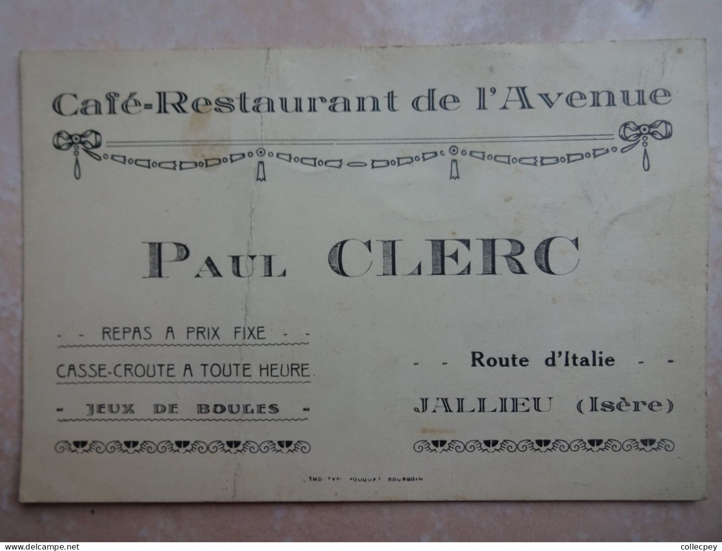 Petit Carton Publicitaire 38 JALLIEU Café Restaurant De L'avenue Paul CLERC - ETAT - Jallieu