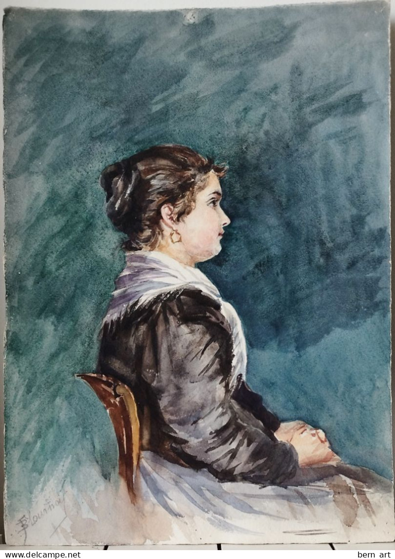 Aquarelle XIXè.- B. Flournoy.  "Femme Assise De Profil Au Foulard Blanc Sur Fond Bleu". Signée Et Daté 1894. - Acuarelas
