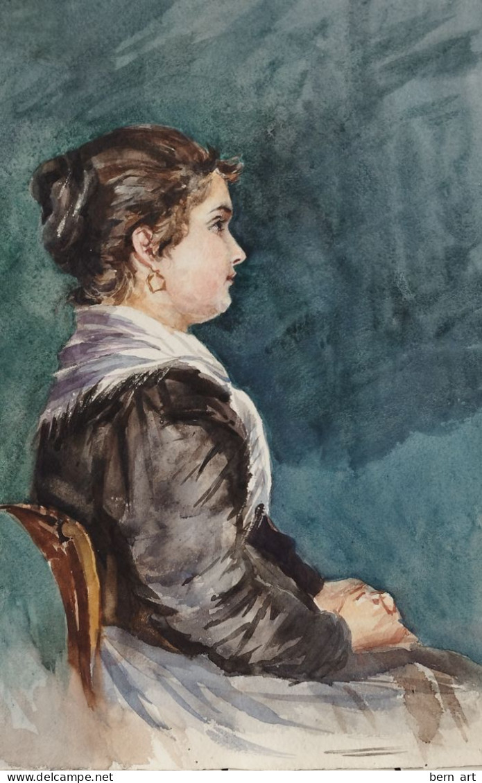 Aquarelle XIXè.- B. Flournoy.  "Femme Assise De Profil Au Foulard Blanc Sur Fond Bleu". Signée Et Daté 1894. - Aquarelles