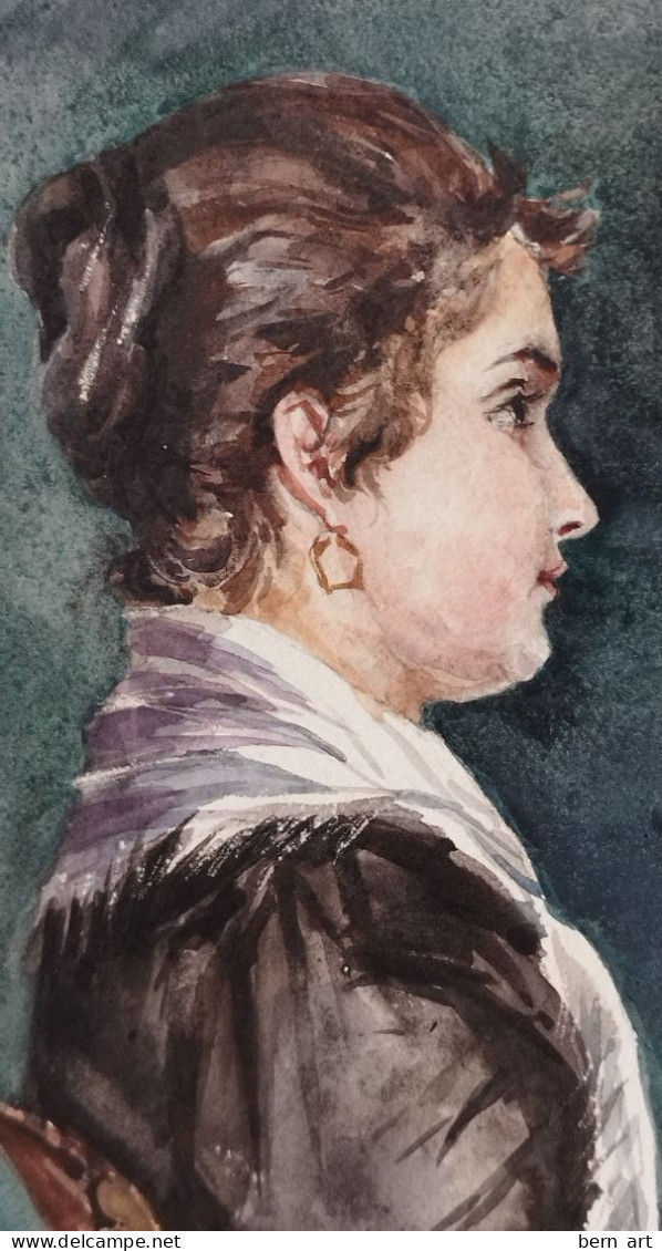 Aquarelle XIXè.- B. Flournoy.  "Femme assise de profil au foulard blanc sur fond bleu". Signée et daté 1894.