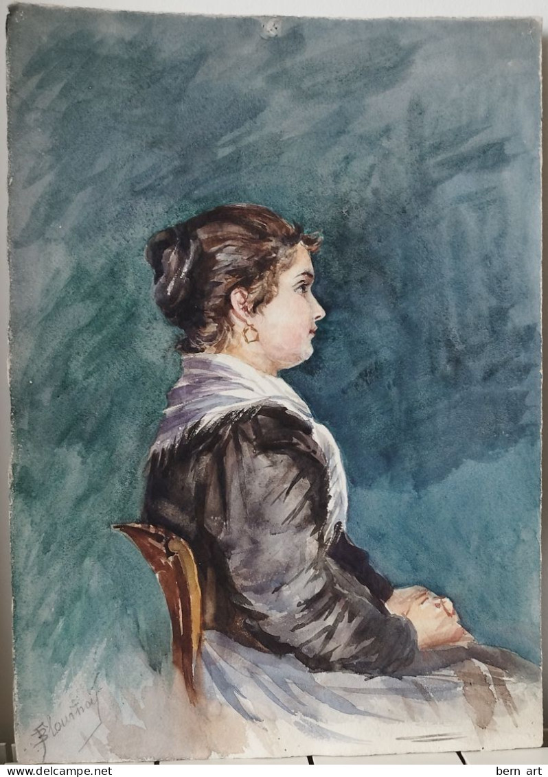 Aquarelle XIXè.- B. Flournoy.  "Femme assise de profil au foulard blanc sur fond bleu". Signée et daté 1894.