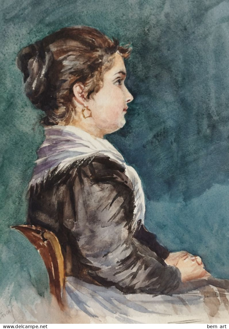 Aquarelle XIXè.- B. Flournoy.  "Femme assise de profil au foulard blanc sur fond bleu". Signée et daté 1894.