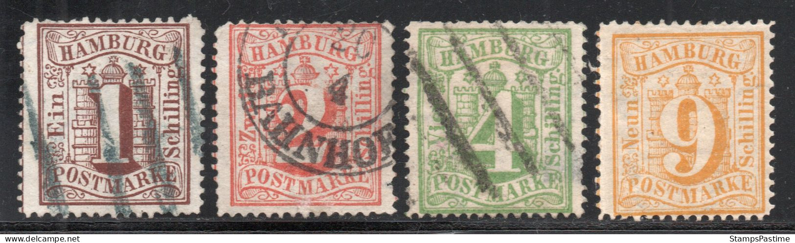 HAMBURGO (ALEMANIA-GERMANY) 4 Sellos Dentados Usados ESCUDO DE ARMAS Año 1864 – Valorizados En Catálogo U$S 94.00 - Hamburg