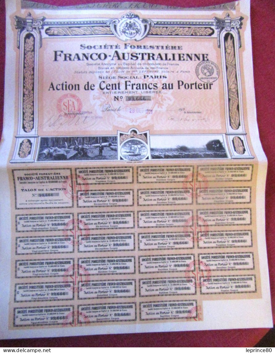 Société Forestiere Franco-Australienne/ Action De 100 Francs Au Porteur- 1921   LOT DE 24 ACTIONS - Autres & Non Classés