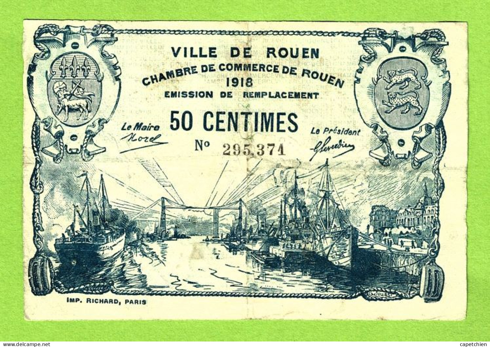 FRANCE / VILLE & CHAMBRE De COMMERCE De ROUEN / 50 CENTIMES /  1918  / EMISSION DE REMPLACEMENT N° 295374 - Cámara De Comercio