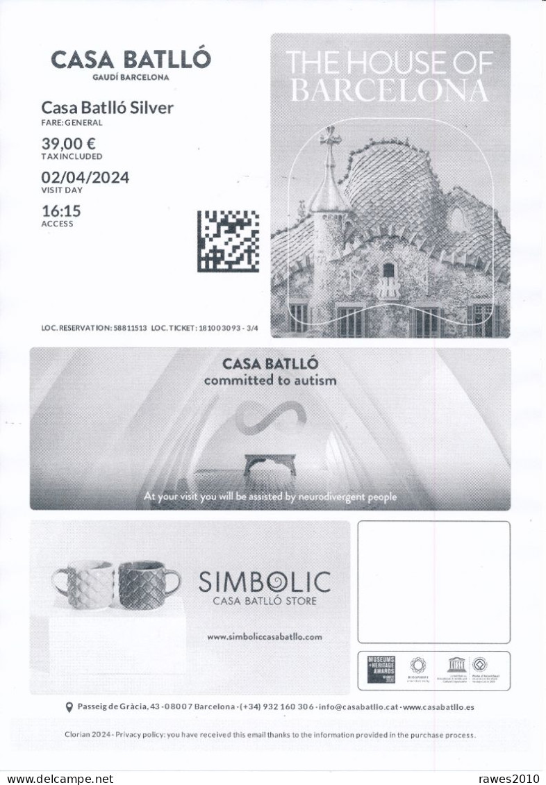 Spanien Barcelona Eintrittskarte Silver General 2024 Casa Batllo Gaudi Barcelona - Nur Elektronische Tickets Buchbar - Tickets D'entrée
