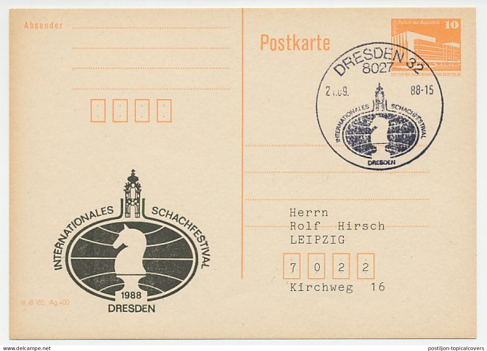 Postal Stationery / Postmark Germany / DDR 1988 Chess Festival - Sin Clasificación
