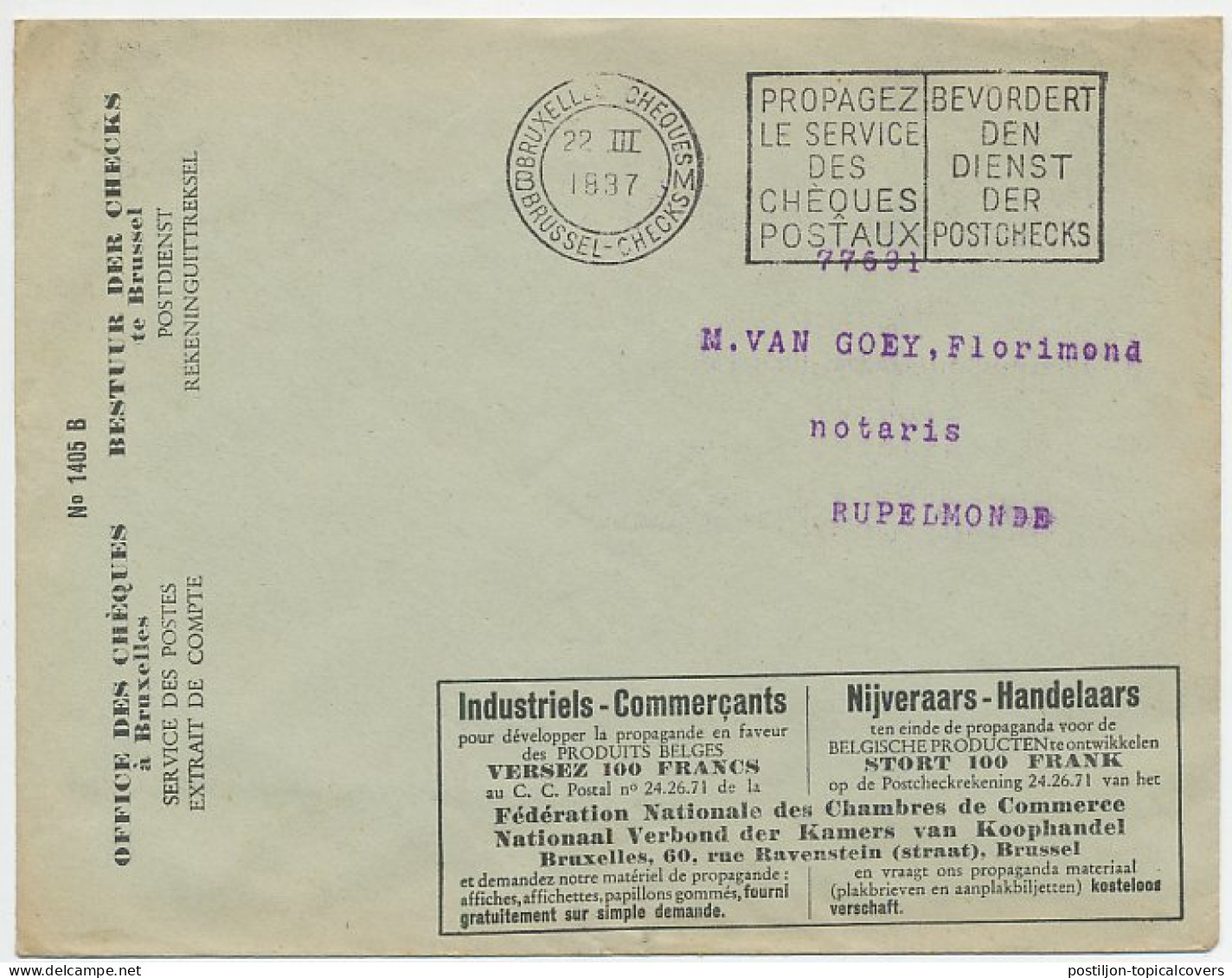 Postal Cheque Cover Belgium 1937 Accounting Machine - Typewriter - Non Classés