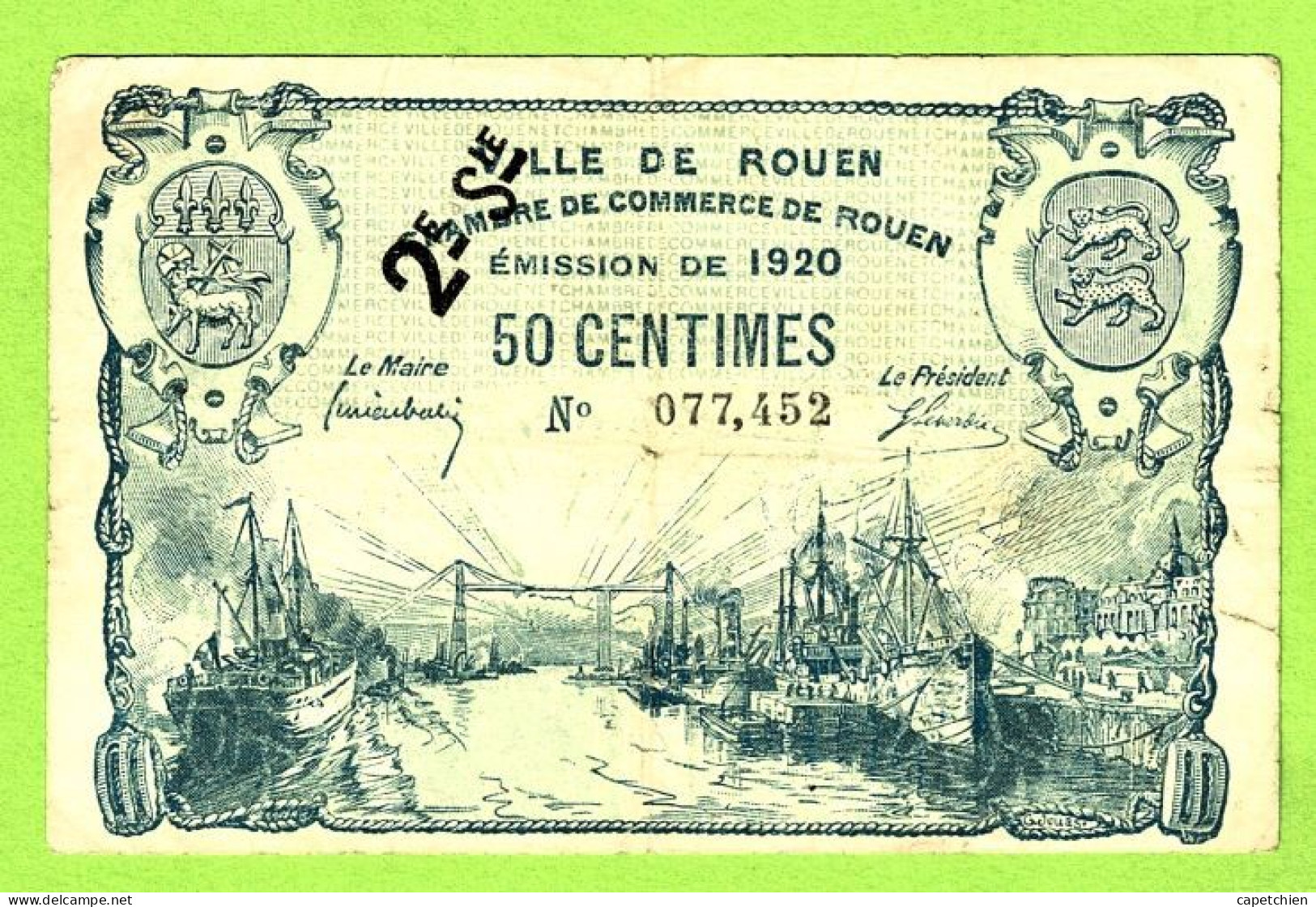 FRANCE / VILLE & CHAMBRE De COMMERCE De ROUEN / 50 CENTIMES  / EMISSION DE 1920 / SURCHARGE 2e Sie / N° 077452 - Chambre De Commerce