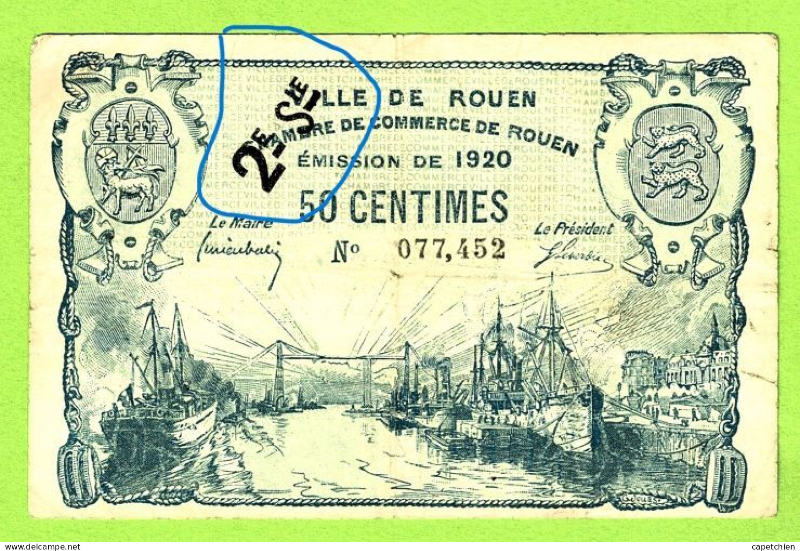 FRANCE / VILLE & CHAMBRE De COMMERCE De ROUEN / 50 CENTIMES  / EMISSION DE 1920 / SURCHARGE 2e Sie / N° 077452 - Chambre De Commerce
