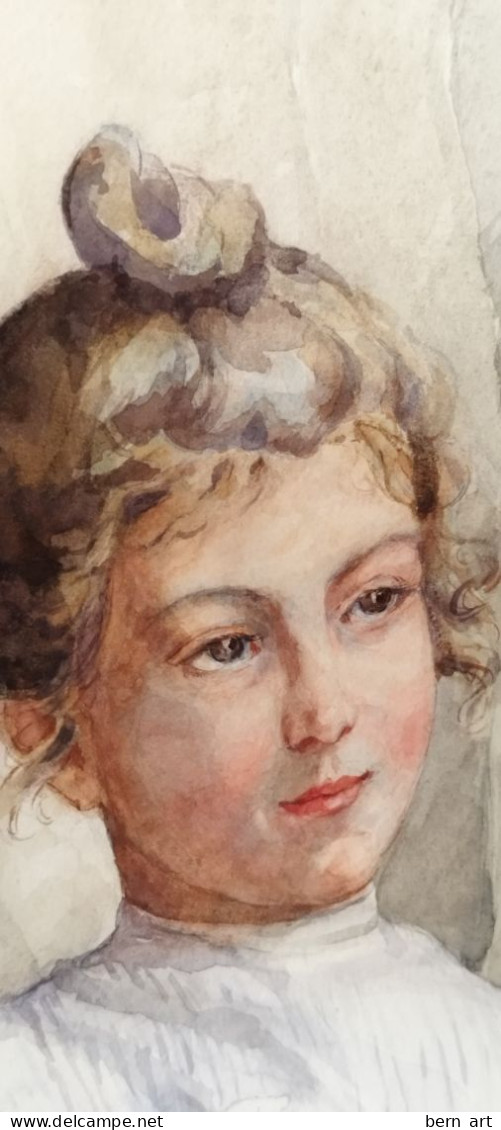 Aquarelle Esquisse Pochade "Annette, Femme Au Chignon". Signé B.F. Avril 1900. N° 5 - Watercolours