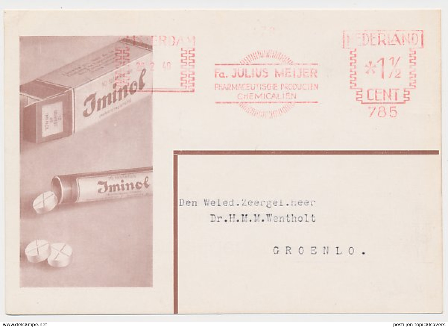 Illustrated Meter Card Netherlands 1940 Iminol - Asthma Tablet - Amsterdam - Pharmacie