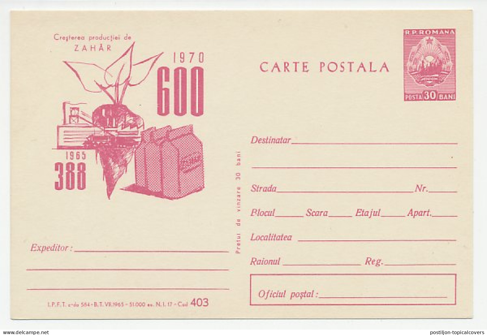 Postal Stationery Rumania 1965 Sugar Beet - Agricultura