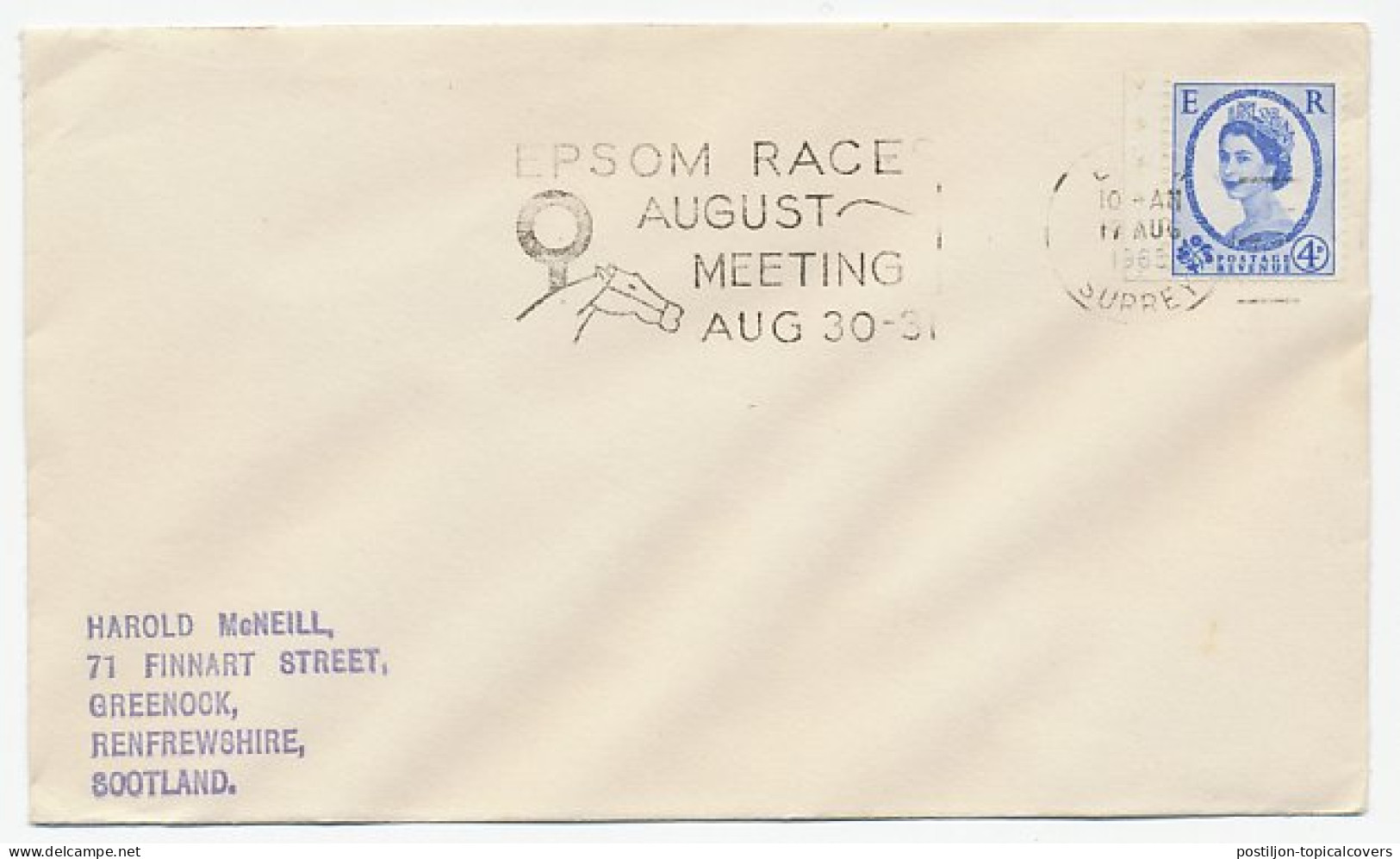 Cover / Postmark GB / UK 1965 Horse Racing - Epsom Race - Hípica