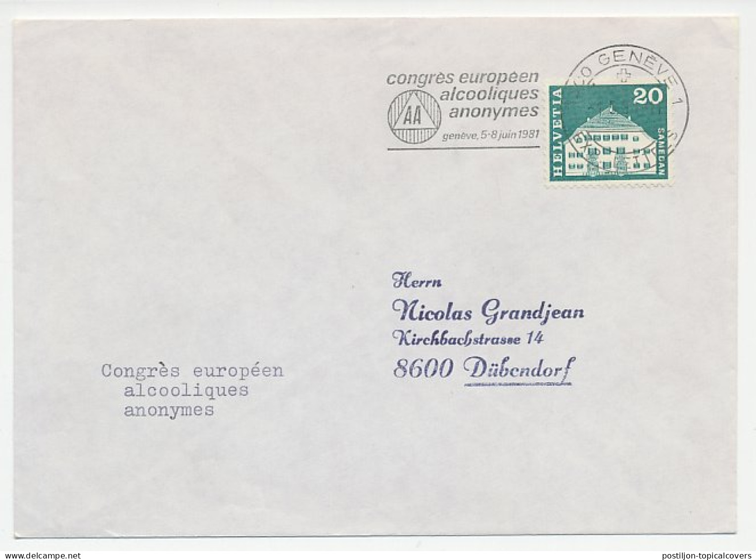 Cover / Postmark Switzerland 1981 Alcoholics Anonymous - European Conference - Vinos Y Alcoholes