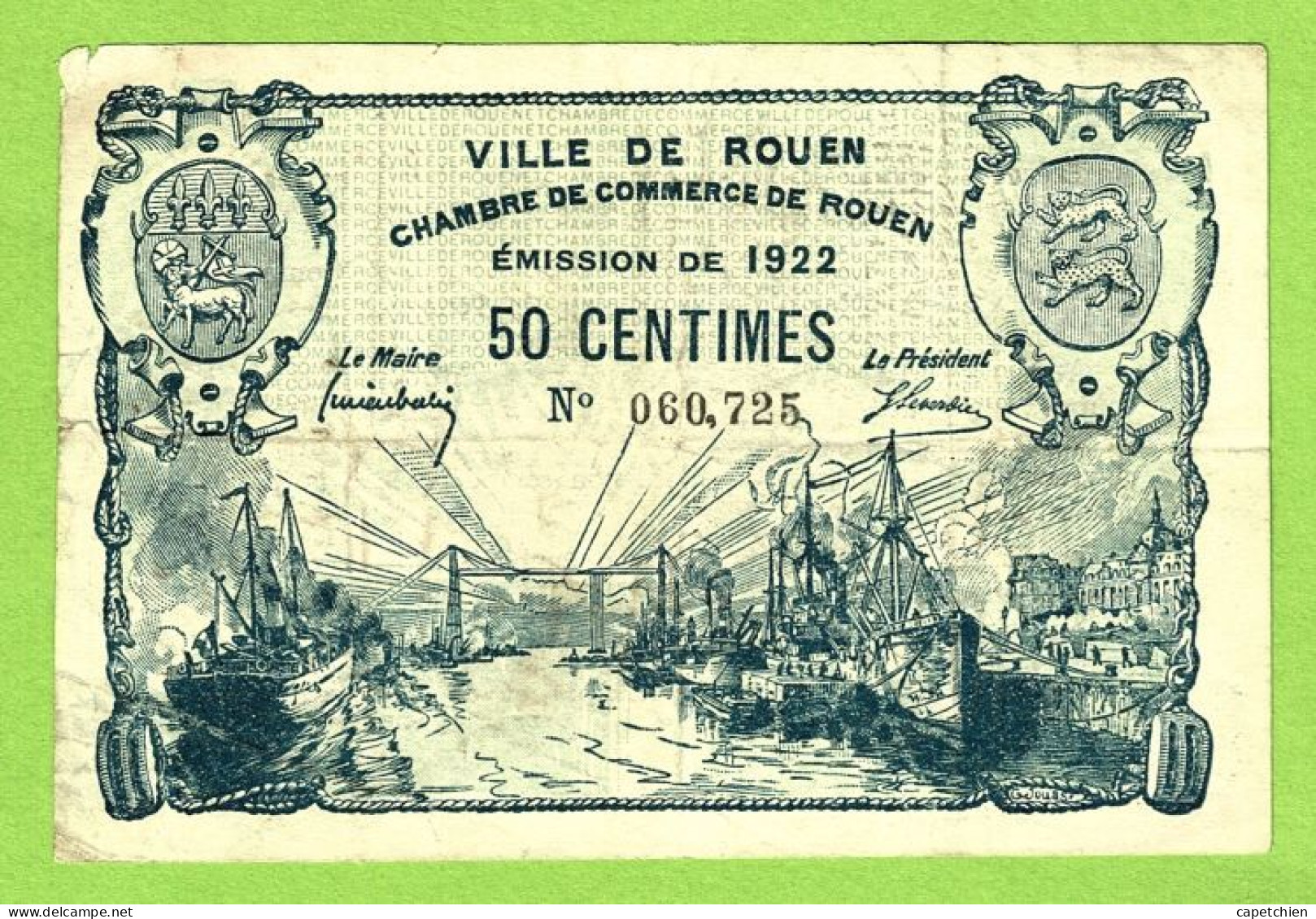 FRANCE / VILLE & CHAMBRE De COMMERCE De ROUEN / 50 CENTIMES  / EMISSION DE 1922 /  / N° 060725 / TIMBRE SEC - Cámara De Comercio