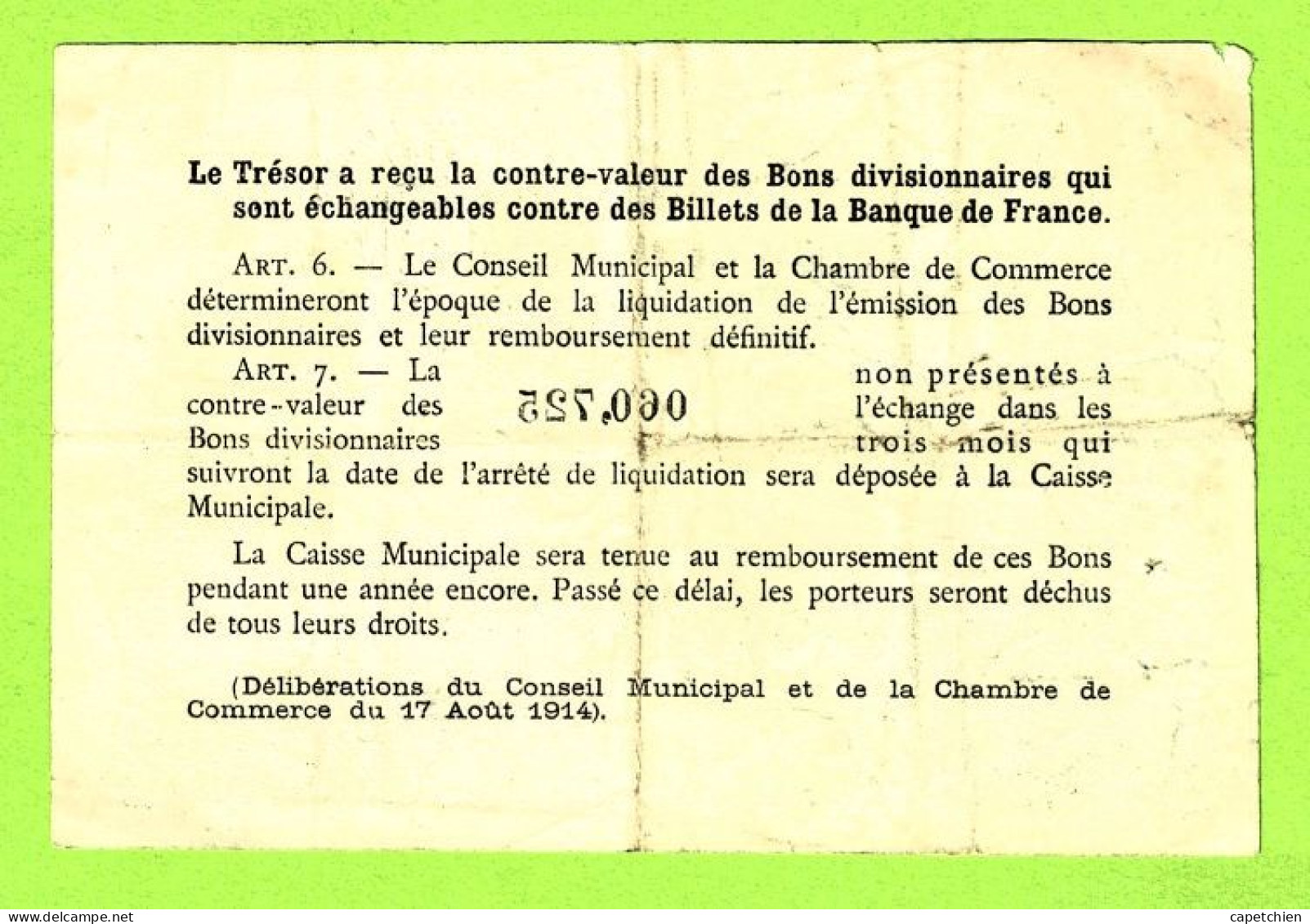 FRANCE / VILLE & CHAMBRE De COMMERCE De ROUEN / 50 CENTIMES  / EMISSION DE 1922 /  / N° 060725 / TIMBRE SEC - Chambre De Commerce