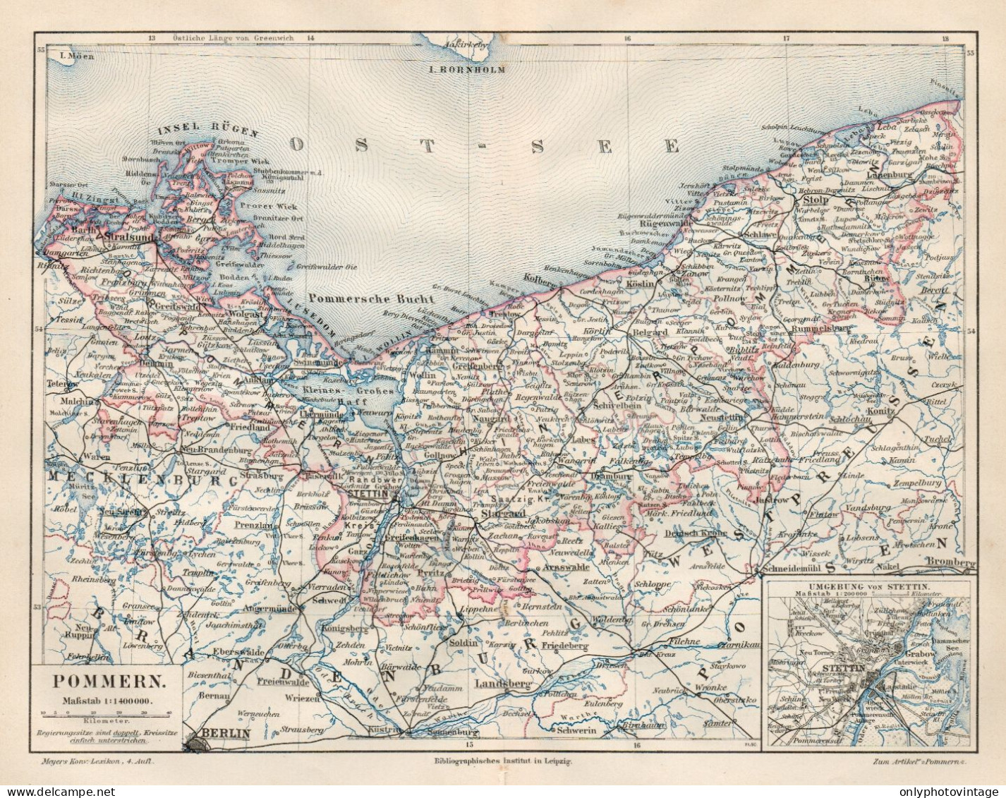 1890 Germany, Pommern And Surroundings, Carta Geografica Antica, Old Map, Carte Géographique Ancienne - Carte Geographique