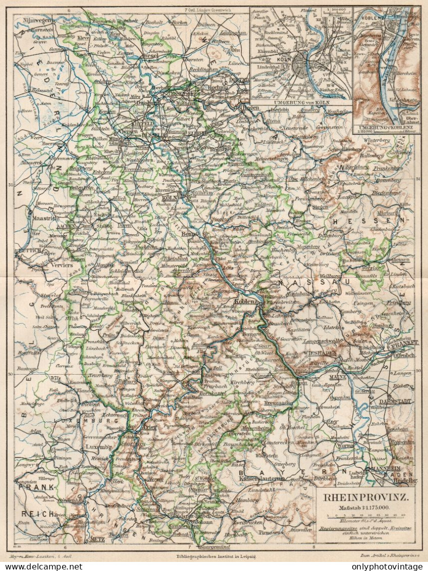 1890 Germany, Rhine Province, Carta Geografica Antica, Old Map, Carte Géographique Ancienne - Carte Geographique