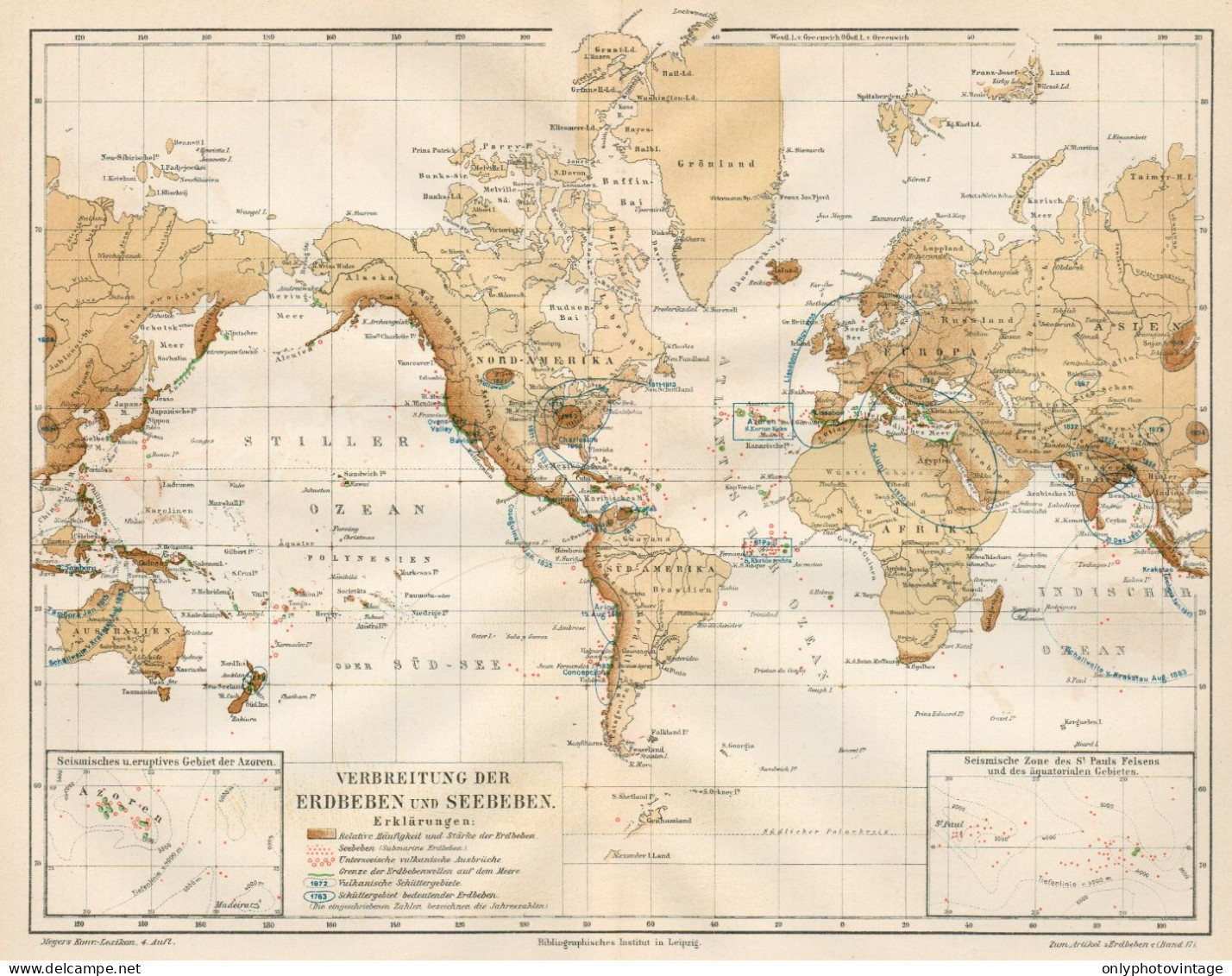 1890 Diffusione Terremoti E Maremoti, Carta Geografica Antica, Old Map, Carte Géographique Ancienne - Carte Geographique