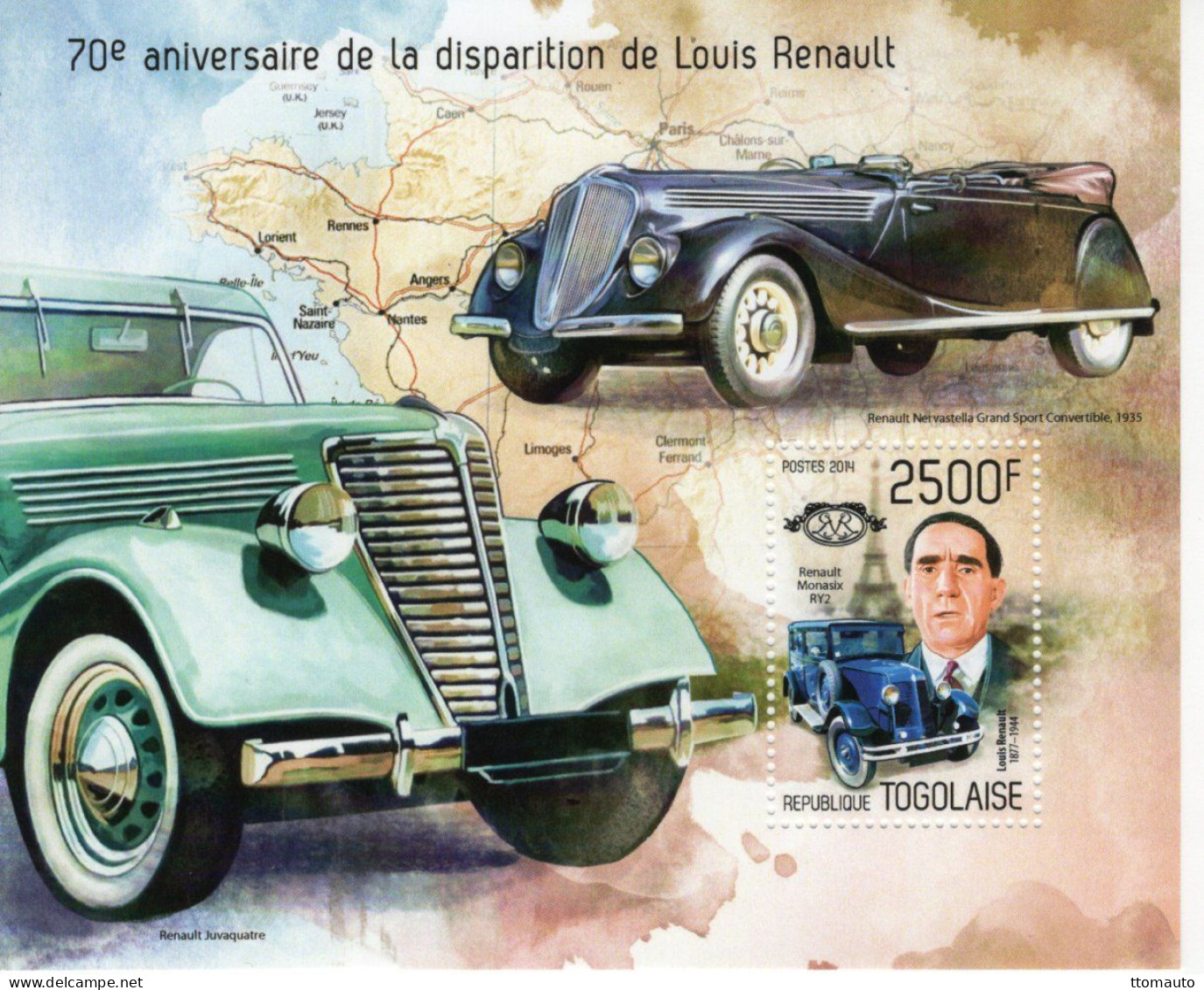 Togolaise 2014 -70e Anniversaire De Louis Renault -Nervastella Grand Sport -Juvaquatre - Monasix -1v Sheet Neuf/Mint/MNH - Automobili