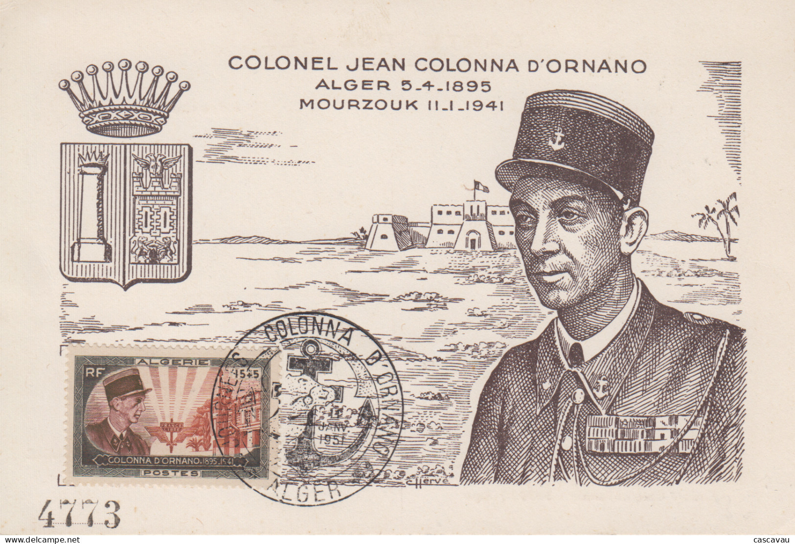 Carte  Maximum  1er  Jour   ALGERIE   10éme   Anniversaire   Mort  Du   Colonel   COLONNA  D' ORNANO    1951 - Tarjetas – Máxima