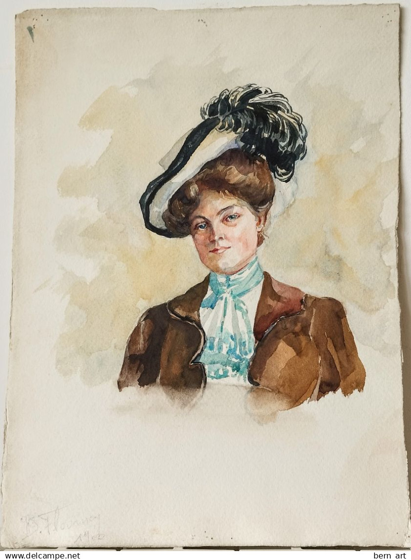 Aquarelle. "Femme Au Chapeau à Plume Et Foulard Bleu". Buste. Pas Signé. Attribué à Berthe Flournoy 1900. Ecole Suisse - Wasserfarben