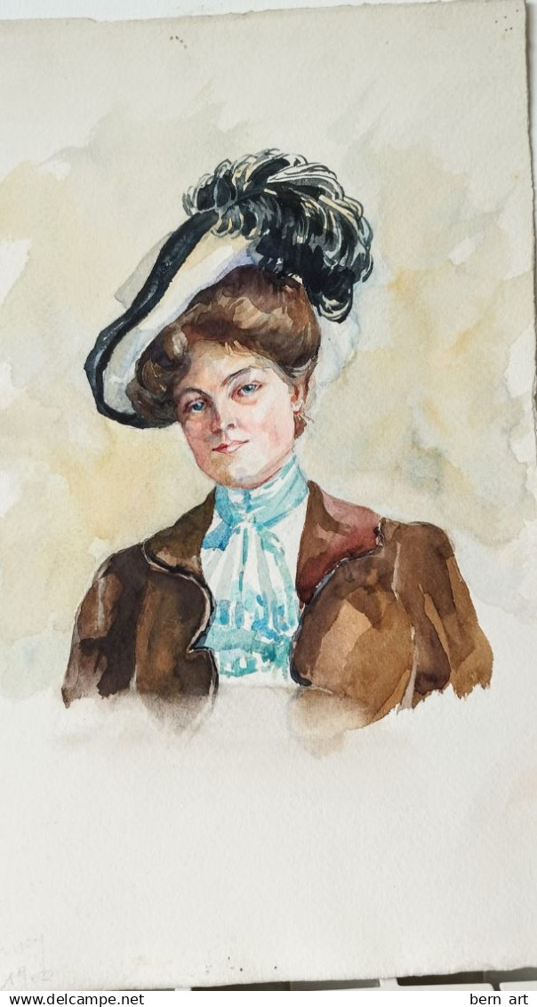 Aquarelle. "Femme Au Chapeau à Plume Et Foulard Bleu". Buste. Pas Signé. Attribué à Berthe Flournoy 1900. Ecole Suisse - Acuarelas