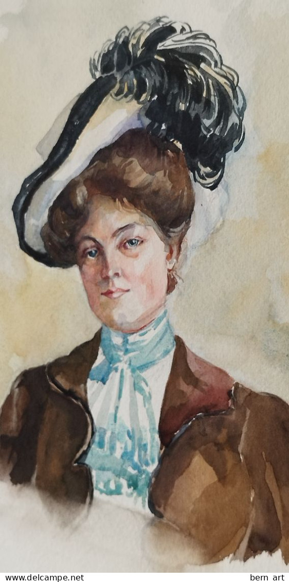 Aquarelle. "Femme Au Chapeau à Plume Et Foulard Bleu". Buste. Pas Signé. Attribué à Berthe Flournoy 1900. Ecole Suisse - Acquarelli