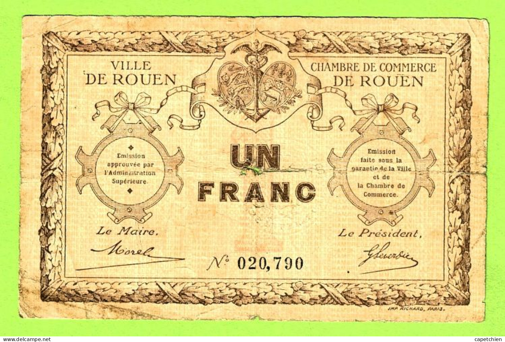 FRANCE / VILLE & CHAMBRE De COMMERCE De ROUEN / 1 FRANC / N° 020790 / TIMBRE SEC SUR  UN FRANC - Chambre De Commerce