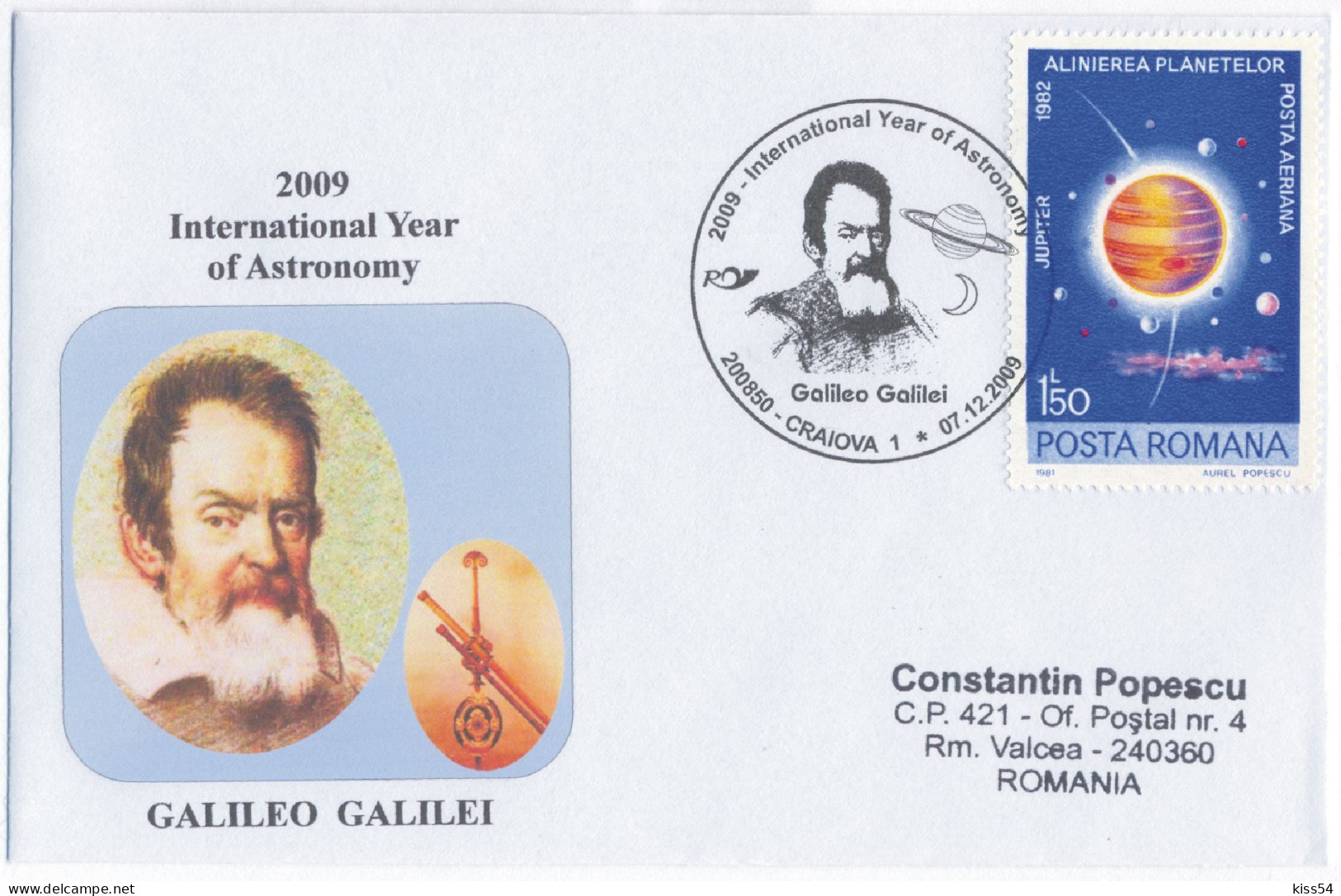 CV 89 - 896 Galileo GALILEI, Astronomy, Romania - Cover - Used - 2009 - Astronomie